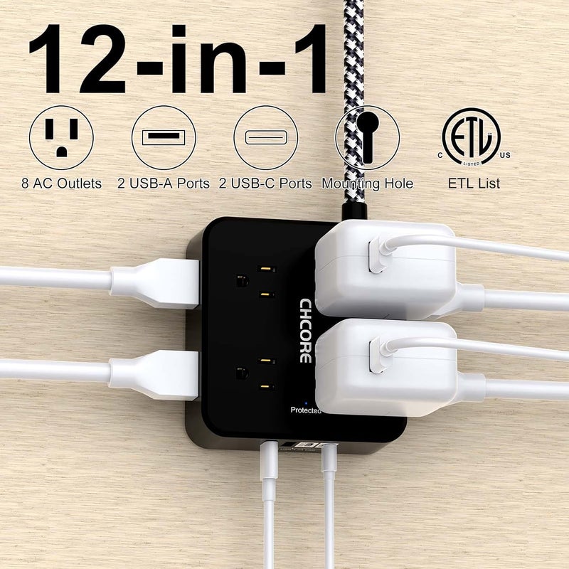 Core Surge Protector Power Strip - 6Ft Braided Extension Cord with 8 Outlets with 4 USB (2 USB C) Charging Ports, Flat Plug Multi Plug Outlet Extender Charging Station for Home Office, ETL, Black - Image 2